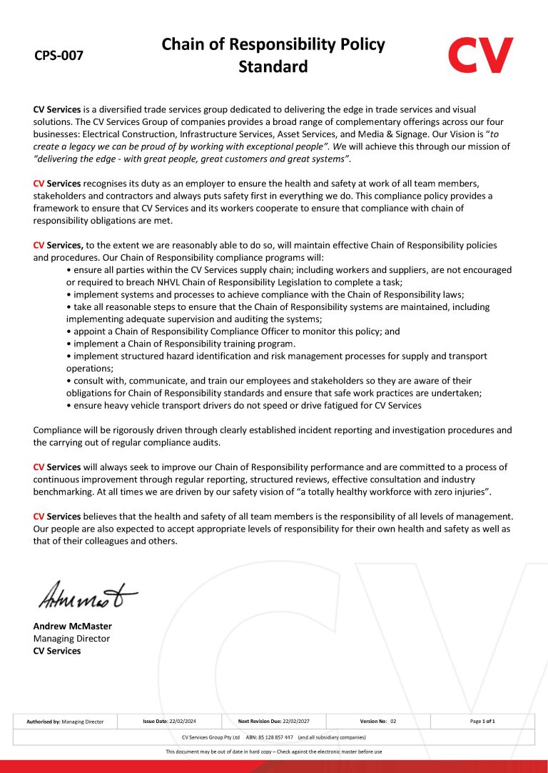 Cps 007 Chain Of Responsibility Policy