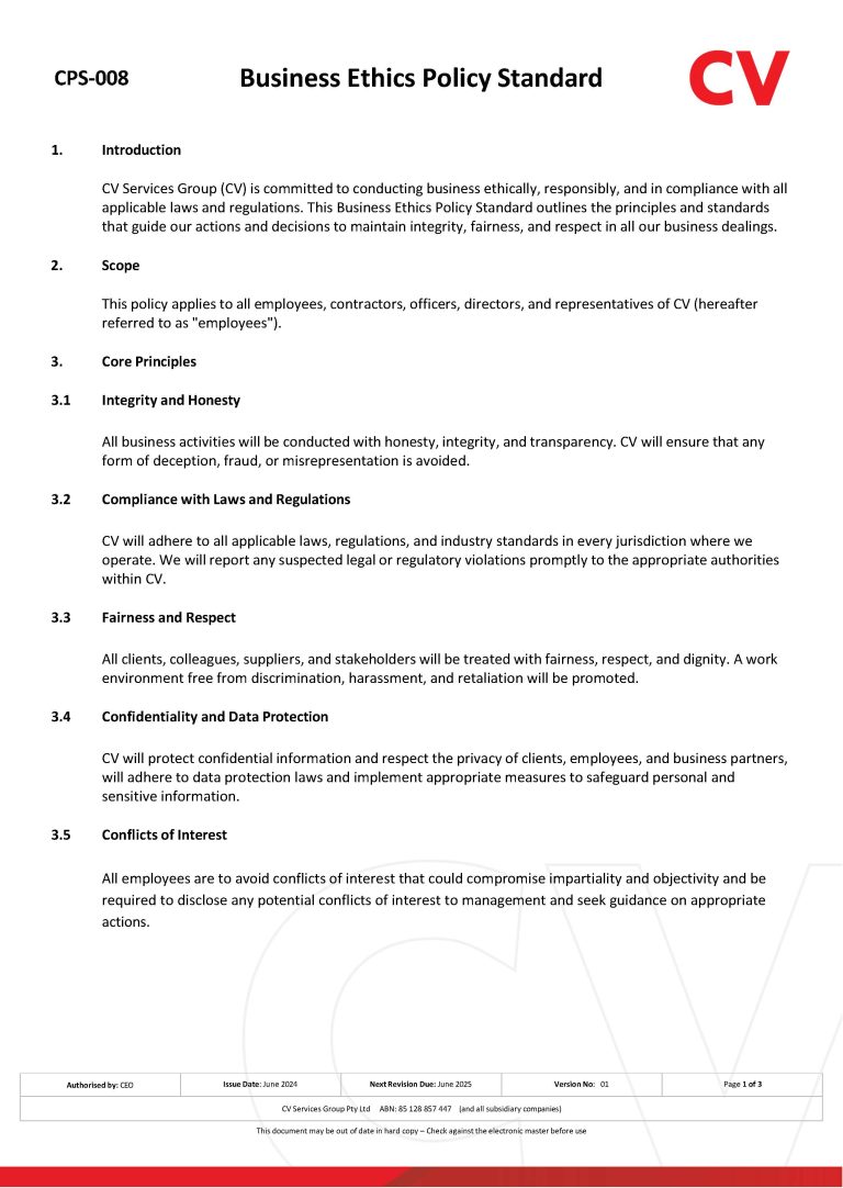 Cps 008 Business Ethics Policy Standard