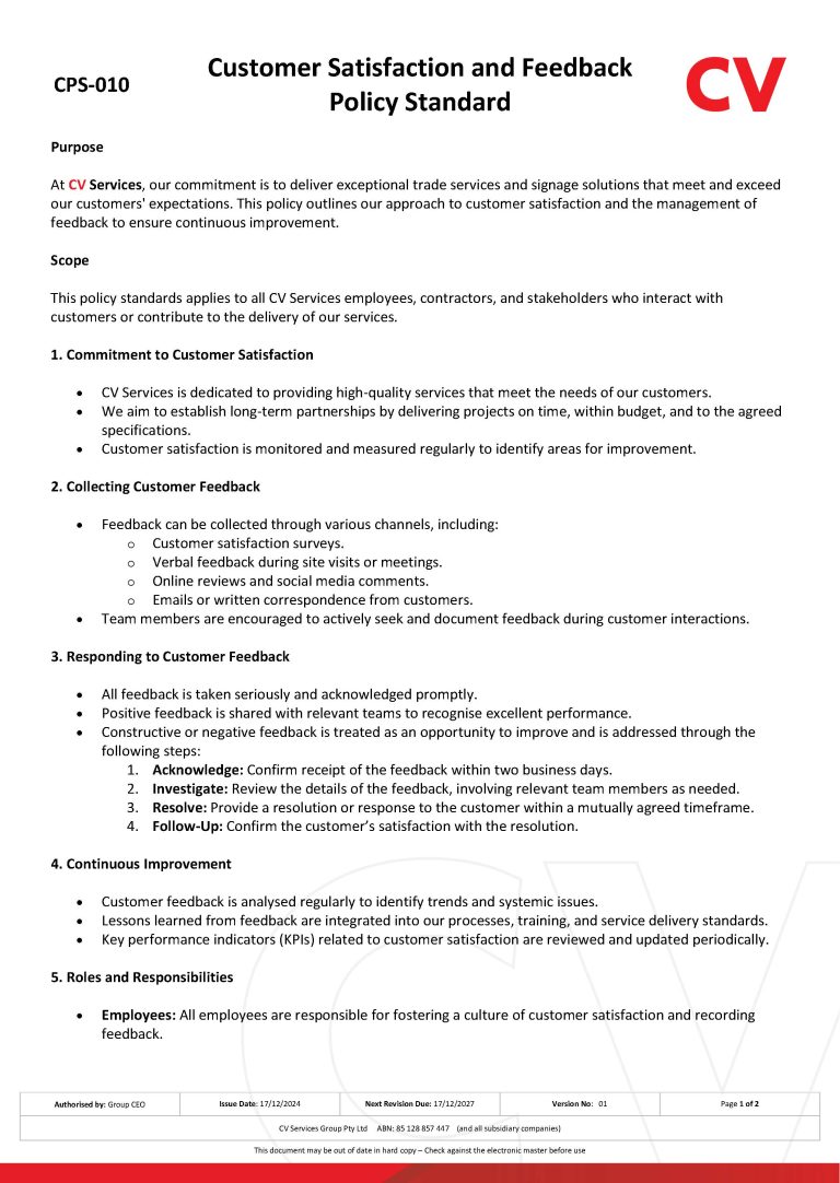 Cps 010 Customer Satisfaction And Feedback Policy
