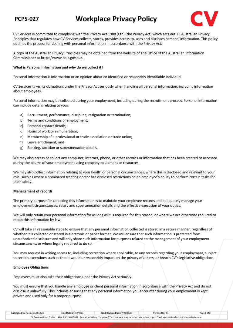 Pcps 027 Workplace Privacy Policy